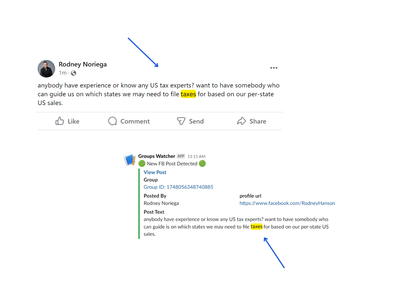 An image showing a Facebook group post with the text 'TURN THIS', next to a Slack notification with the text 'INTO THIS'